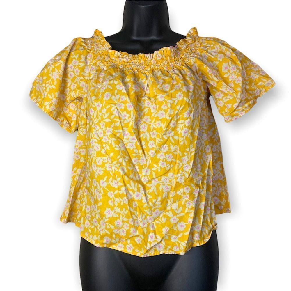 There Abouts Yellow Floral Puffy Sleeve Girls Scrunched Neck Top